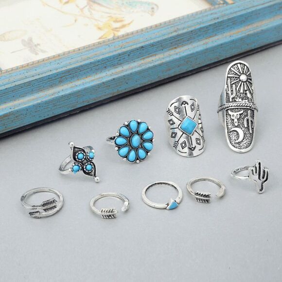 SILVER TURQUOISE BOHO WESTERN TRIBAL RINGS - 9 PIECE SET - Picture 3 of 5